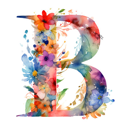 Watercolor letter B with flowers and leaves. Handmade font.の素材