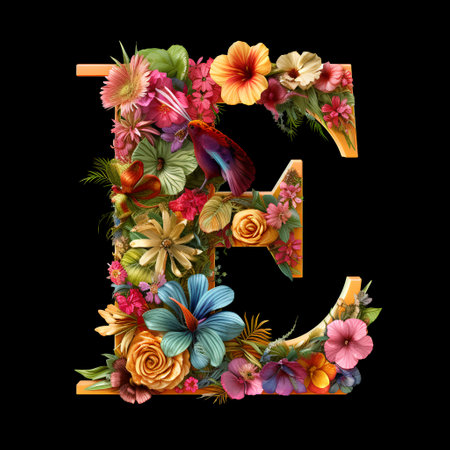 Letter E of tropical flowers alphabet isolated on black background. 3D renderingの素材