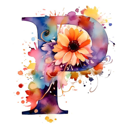 Colorful watercolor alphabet, letter P with gerbera flowerの素材