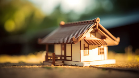 House model on blurred background. Real estate and property concept.の素材