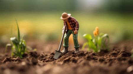 Miniature gardener digging in the field. Gardening concept.の素材