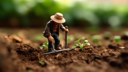 Miniature people : Farmer working with seedling in the garden, Agriculture conceptの素材