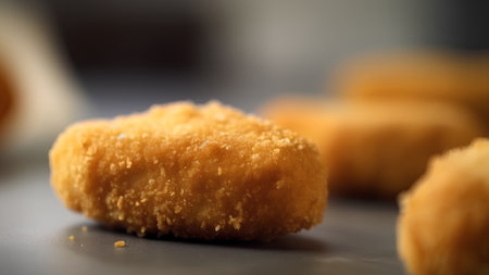 Close up of fried chicken nuggets on kitchen table. Selective focus.の素材