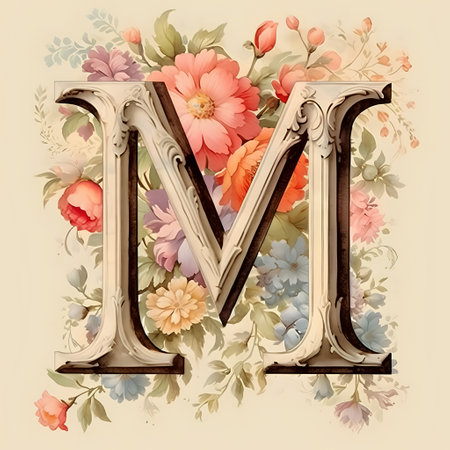 Vintage floral capital letter M, hand drawn in watercolor.の素材