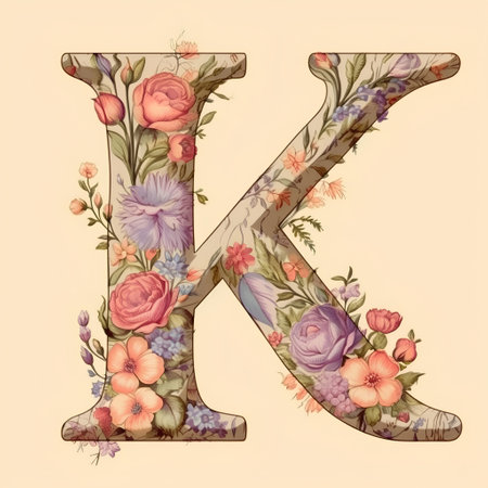 Floral capital letter K, hand drawn with flowers and leaves.の素材