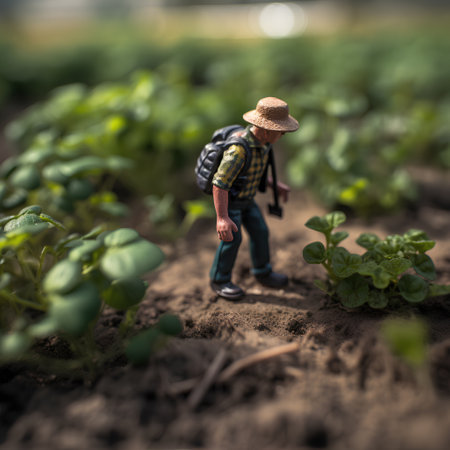 Miniature people : Farmer standing in the vegetable garden. Selective focus.の素材