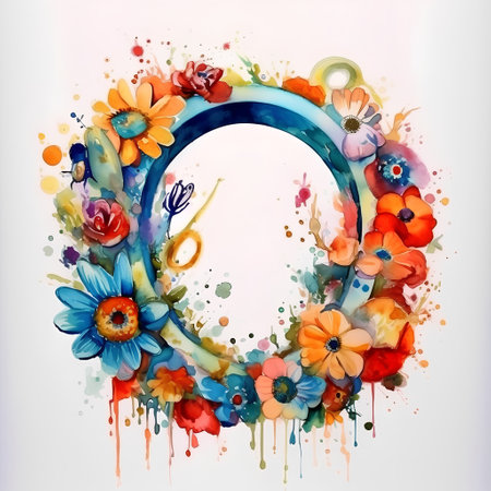 Colorful floral frame with watercolor blots and splashes.の素材