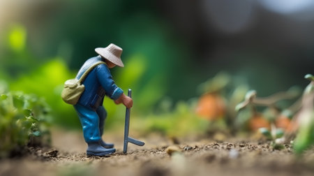 Miniature people : Farmer working in the vegetable garden. (Selective focus)の素材