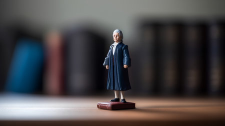 Miniature people: Old woman in a blue coat standing on a book shelfの素材