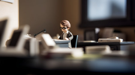 miniature model of a businesswoman sitting at the table in the officeの素材