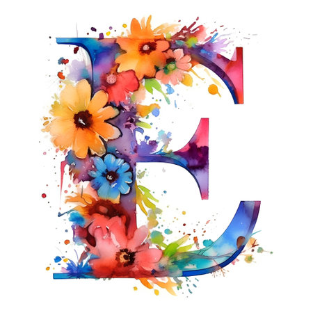 Alphabet watercolor flowers. Letter E, isolated on a white backgroundの素材