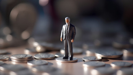 Miniature people : Businessman standing on coins, business and finance concept.の素材