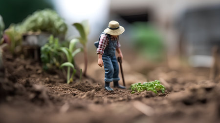 Miniature people : Farmer working in the vegetable garden. Selective focus.の素材