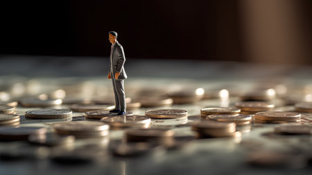 Miniature people : Businessman standing on coins with shallow depth of fieldの素材