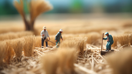 Miniature people : Farmers are working in the rice field. Selective focus.の素材