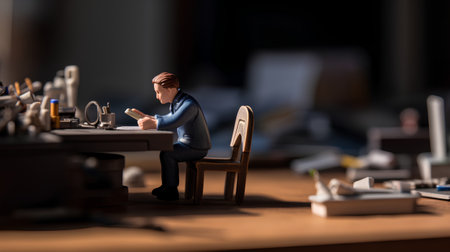 Miniature people: Businessman sitting on a chair and working at the table.の素材