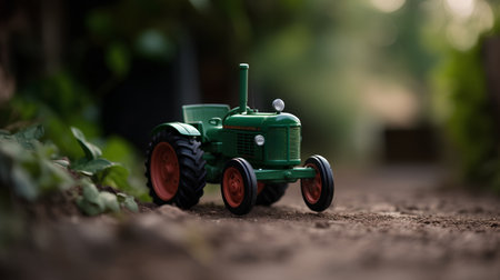 Tractor in the garden. Selective focus. Shallow depth of field.の素材