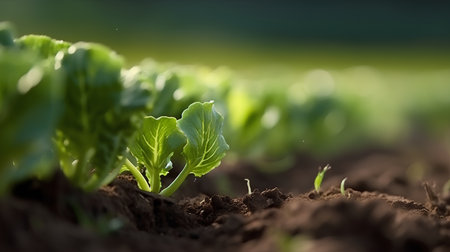 Close-up of young green lettuce plants growing in soil on blurred backgroundの素材