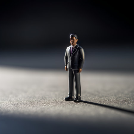 Miniature people : Businessman standing on the floor with black backgroundの素材