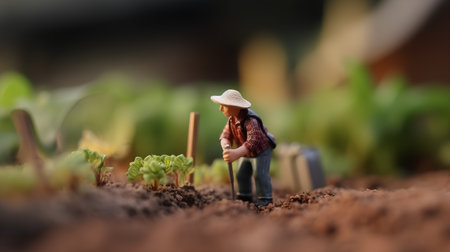 Miniature people : Farmer planting seedlings in the garden, selective focusの素材