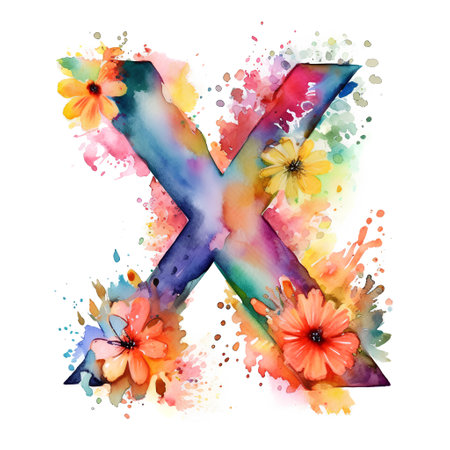 Watercolor alphabet with flowers. Letter X. Hand drawn watercolor illustrationの素材