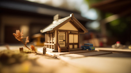 Miniature model of house and car on wooden table with blurred backgroundの素材