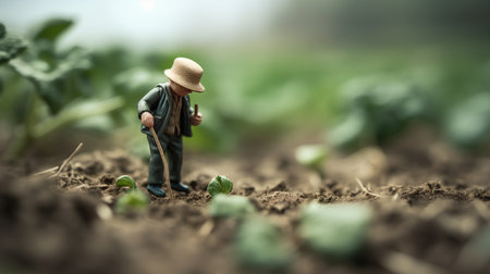 Miniature people : Farmer standing on the vegetable garden. Selective focus.の素材