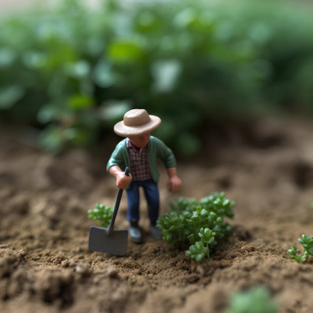 Miniature farmer working on the vegetable garden. Selective focus.の素材