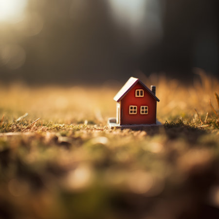 Miniature model of a house on the meadow with sunlight.の素材