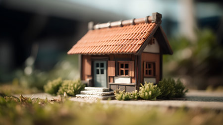 Miniature model of house on the ground with green grass background.の素材