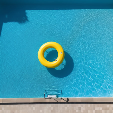 Swimming pool with yellow inflatable ring and sun loungerの素材