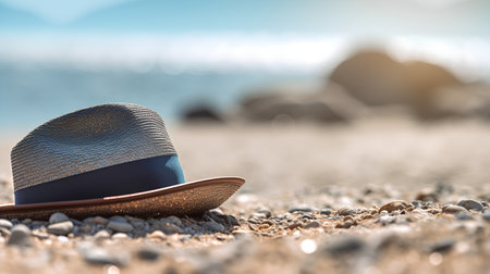 Summer hat on the beach with sun flare and bokeh.の素材