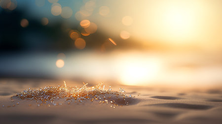 Golden glittering christmas star on the beach with bokeh backgroundの素材