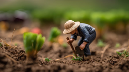 Miniature farmer working in the vegetable garden. Agriculture and farming concept.の素材
