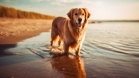 Golden Retriever dog on the beach at sunset. Image with shallow depth of fieldの素材