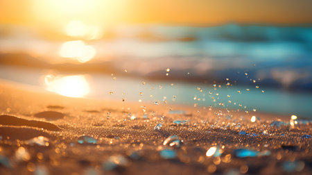Water drops on the sand at sunset. Nature background. Blurの素材