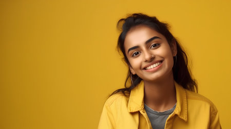 Portrait of a happy young woman in yellow jacket on yellow backgroundの素材