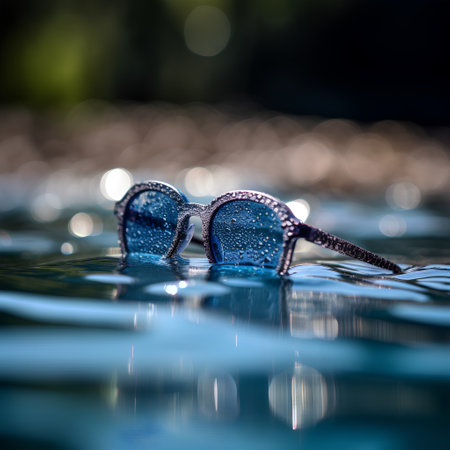 Sunglasses on the water. Selective focus. Shallow depth of field.の素材