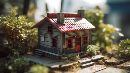 Miniature model of a house in the garden. Selective focus.の素材