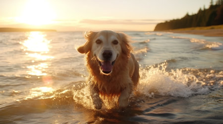 Golden Retriever running on the beach at sunset, shallow depth of fieldの素材