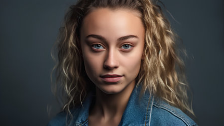 Portrait of a beautiful young woman with blond hair and blue eyesの素材