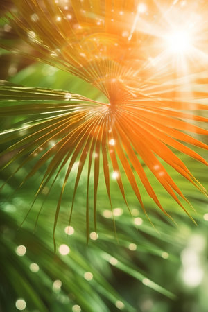 Abstract natural background with palm leaves and bokeh defocused lightsの素材