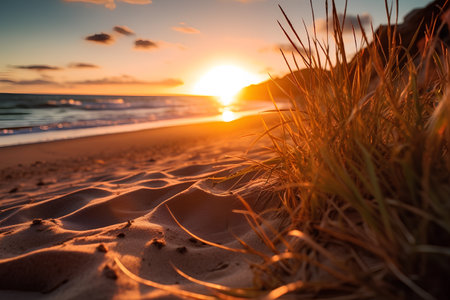 Beautiful sunset on the beach with grass and sand dunes.の素材