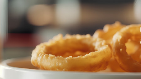 Close up of deep fried onion rings on white plate, shallow depth of fieldの素材