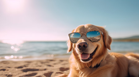 Golden Retriever dog in sunglasses on the beach at sunset.の素材