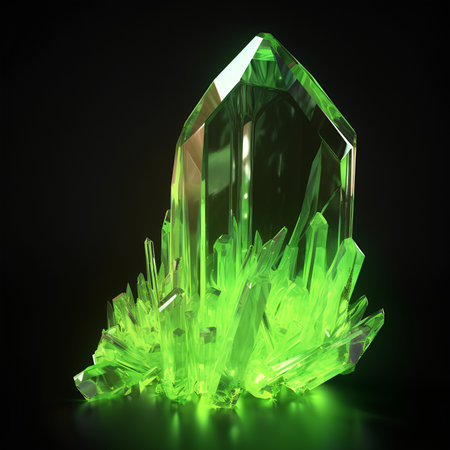 Green crystal on a black background. 3d rendering, 3d illustration.の素材