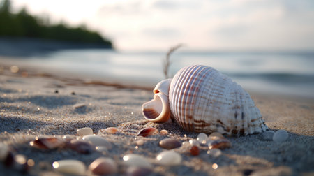 Seashells on the beach at sunset. Shallow depth of fieldの素材