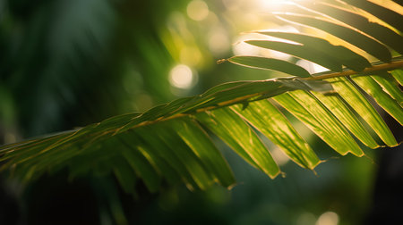 Green palm leaf with sun light and bokeh. Tropical background.の素材