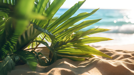 Tropical palm leaves on sandy beach. Summer vacation concept.の素材