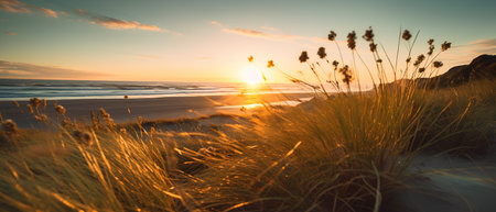 Beautiful sunset on the beach with grass and sand dunes.の素材